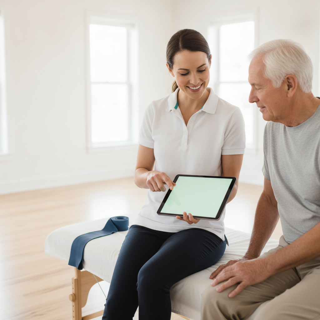 A physical therapist and a patient looking at a tablet together in a bright practice room